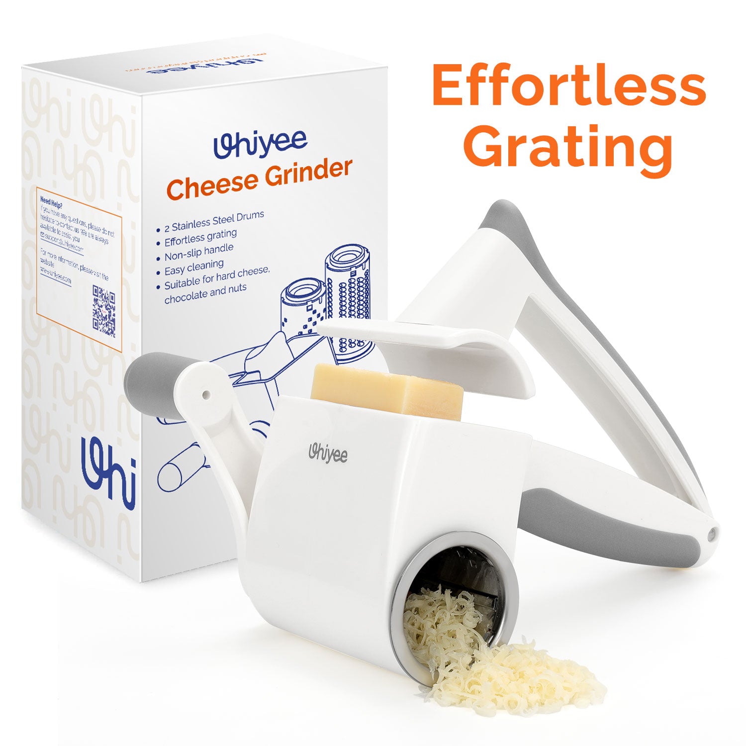 UHIYEE Manual Cheese Grater Hand Crank with Fine & Coarse Drums
